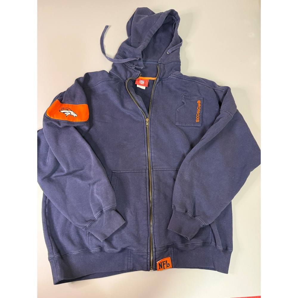 NFL Denver Broncos Full Zip Hoodie Navy Blue Orange Fleece Sweatshirt Mens L